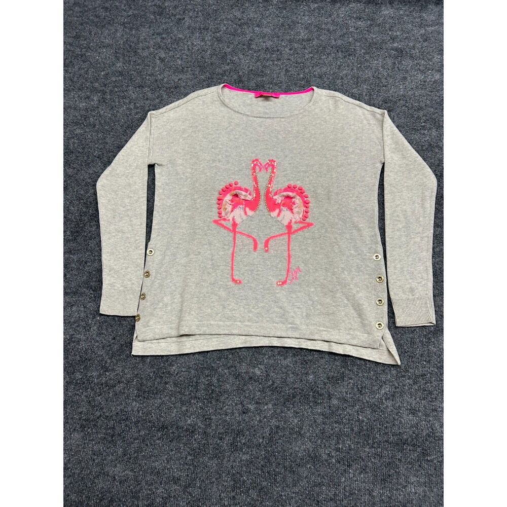 Lilly Pulitzer Flamingo Sweater Women’s XS Gray Embroidered Side Button Pullover